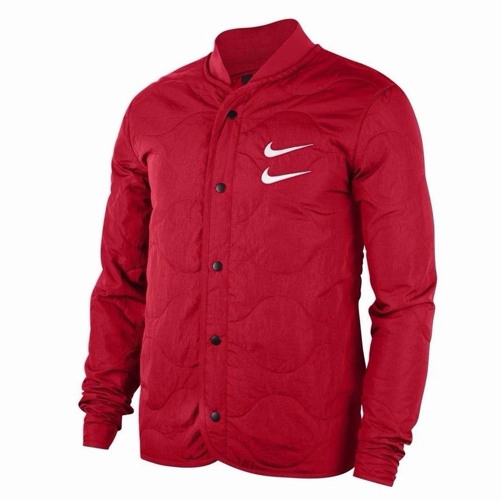 Nike Men S Swoosh Men Quilted Jacket Red Embroidered Streetwear Snap